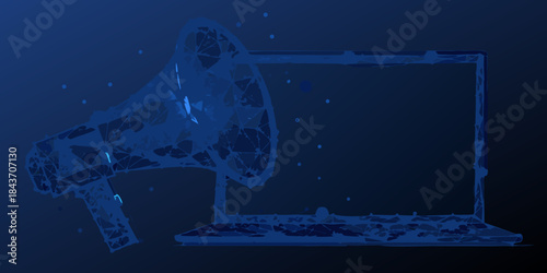 Digital announcement a megaphone projecting from a laptop screen blue tones