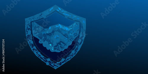 A luminous blue shield with a mountain range design digitally rendered