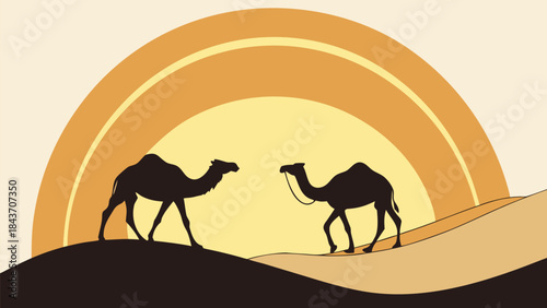 Silhouette of Two Camels Facing Each Other in Desert at Golden Sunset