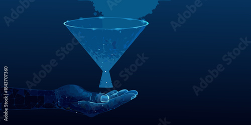 A glowing funnel pouring water into a hand a surreal digital illustration