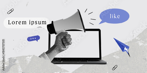 A hand holding a megaphone and laptop with speech bubbles and paper airplane