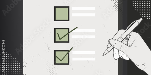 Hand checking boxes on a list representing completion or selection process