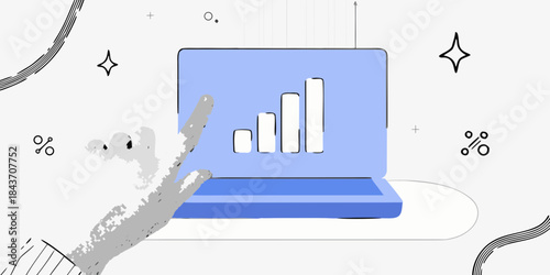 Laptop displaying a data graph with surrounding financial symbols and doodles