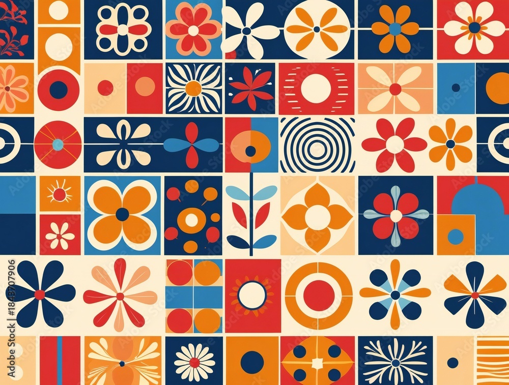 Obraz premium Vibrant retro geometric floral pattern collage with mid century modern design