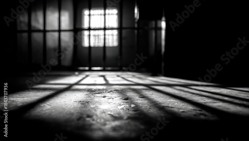 Black and white interior shot of a prison cell. Shadows, light, and bars dominate the scene