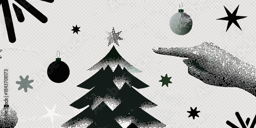 Festive monochrome pattern displaying christmas tree ornaments and a pointing hand