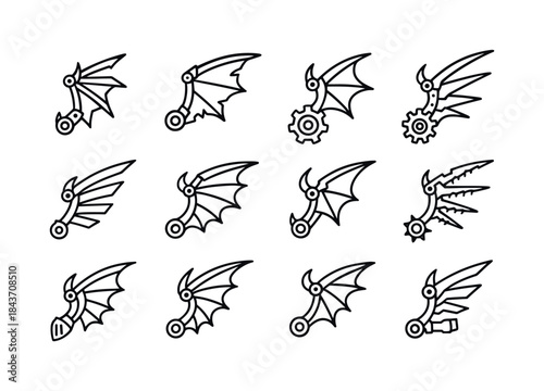 Demonic Wing Icons. Demonic mechanical wings. Line icon set of d