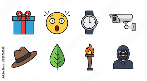 Various icons including security camera, thief and gift