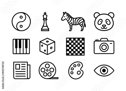 Monochrome Iconography Grid. Black and white. Line icon set of b