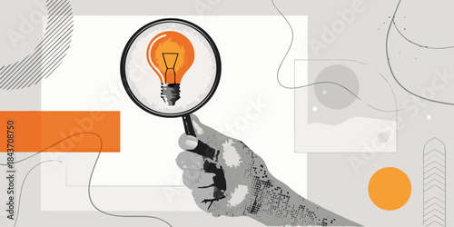 A hand holding a magnifying glass over a glowing lightbulb illustration
