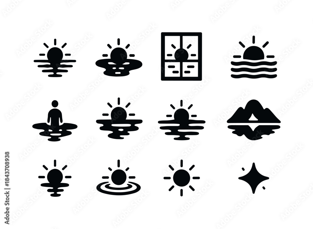 Obraz premium Sunrise Reflection Icons. Sunrise reflections. Solid icon set of