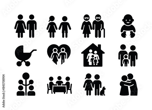 Family Icons Grid. Family. Solid icon set of Family: parents, ch