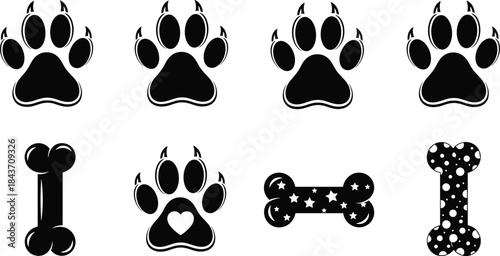 Dog Paw Prints and Bones Vector Set, Black and White Pet Icons, Animal Tracks, Puppy Footprints, Fun Treats, Cute Design, Veterinary, Simple Graphics