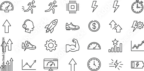 Performance speed efficiency icons set for business, fitness, technology, growth, productivity, metrics, energy, innovation, and digital transformation concepts.