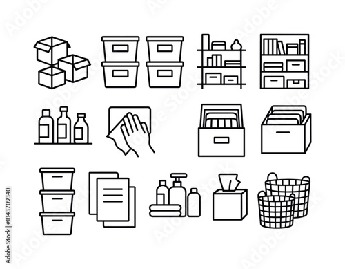 Decluttering Icon Set. Organizing and decluttering scene. Line i