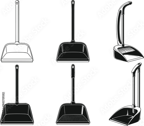 Dustpan and Brush Vector Set, Cleaning Equipment, Housework Tool, Sanitation, Maid Service, Hygiene, Black Outline, Silhouette, Different Styles, Home Care