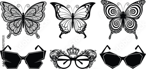 Ornate Butterflies and Geometric Sunglasses Vector Set, Black and White, Fashionable, Elegant, Insect, Summer, Masquerade, Decoration, Stylized Digital Art