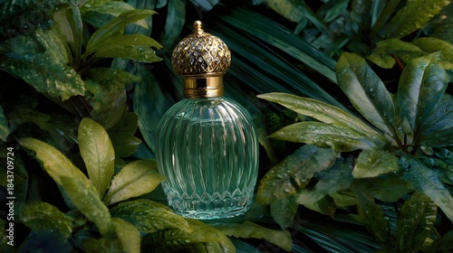 Luxury Perfume Bottle with Gold Cap Surrounded by wet Green tropical leaves