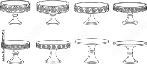 Set of Antique Greek Cake Stands Vector Illustration, Pedestal, Serving Platter, Dessert Table, Ornate Border, Historical, Roman, Outline Drawing