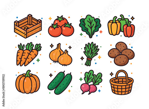 Colorful Vegetable Market Icons. vegetable market. Colorful isom