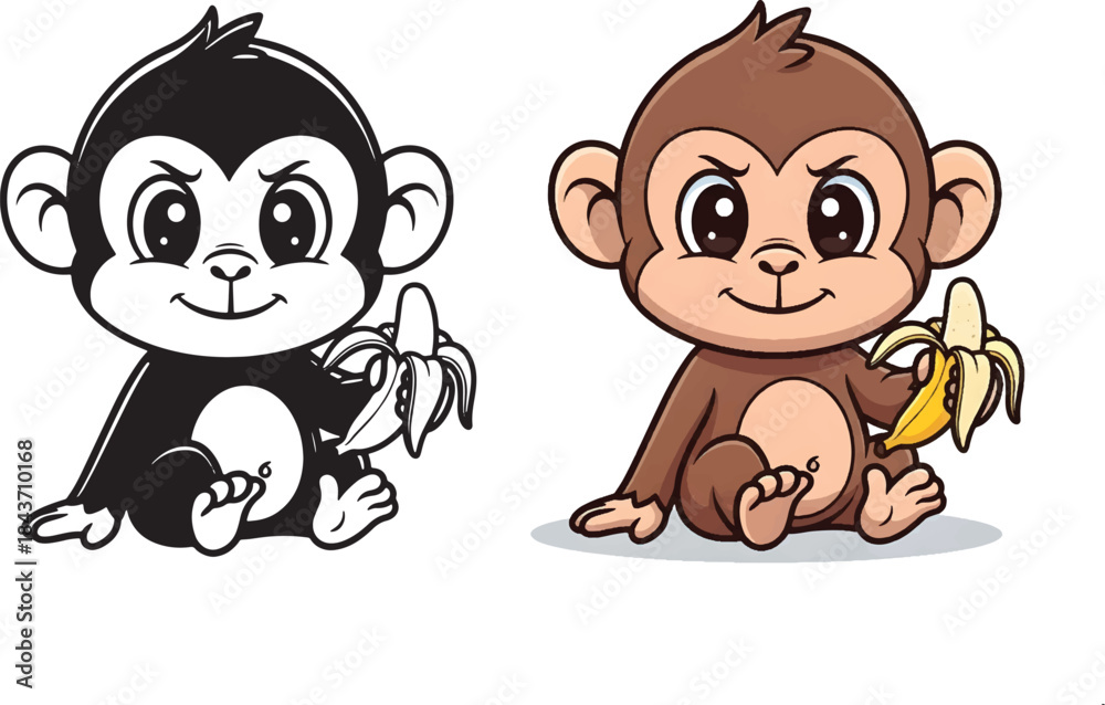 Fototapeta premium Cute Baby Monkey Cartoon Character Sitting and Smiling While Holding a Partially Peeled Yellow Banana