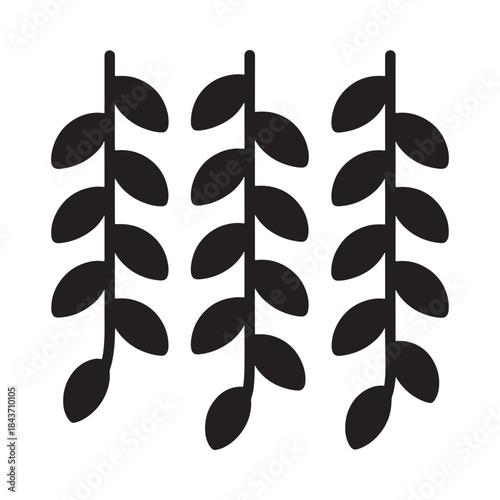 Simple black and white illustration of three leafy plant stems