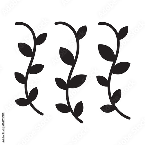 Simple black and white illustration of three leafy plant stems