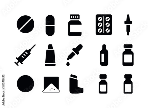 Medicine Icons Set. Medicines and Drugs. Solid icon set of Medic