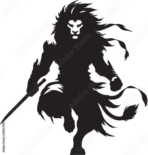 Powerful black silhouette of a mythical lion warrior, fierce and dynamic, wielding a sword in an aggressive stance, embodying strength and courage.