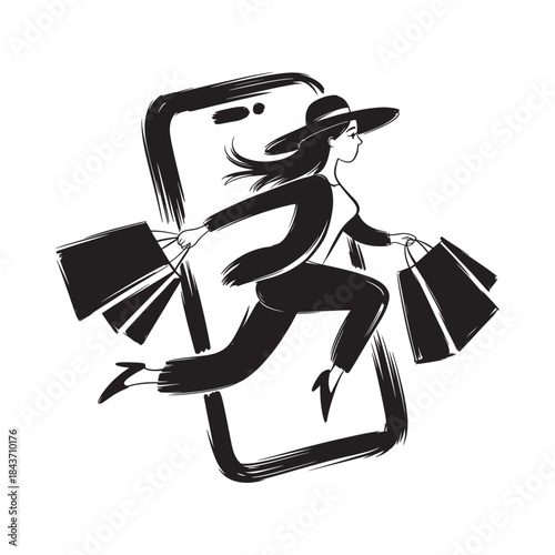 A stylish woman rushes with shopping bags emerging from a smartphone screen