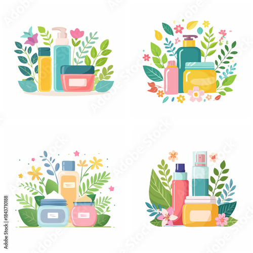Download cosmetic products with floral decorations skincare bottles jars sprays and leafy elements vector illustration for beauty and wellness themes