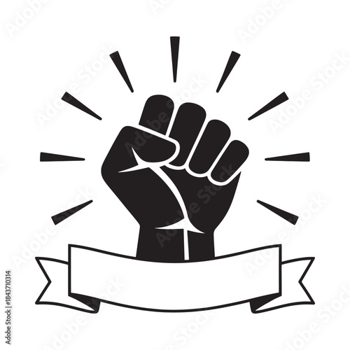 A raised fist symbol with a banner representing strength and solidarity