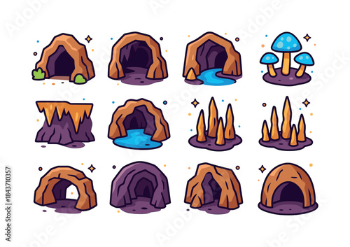 Colorful Cave Icons. Caves. Colorful isometric vector icons set