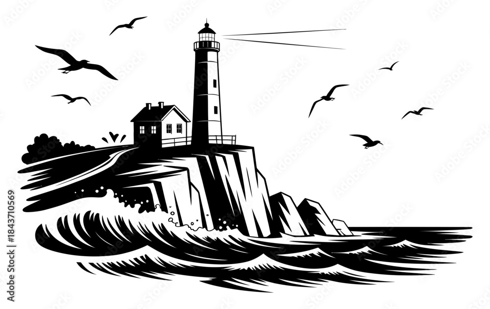 Fototapeta premium A striking black and white illustration of a lighthouse on a rugged cliff with waves crashing below