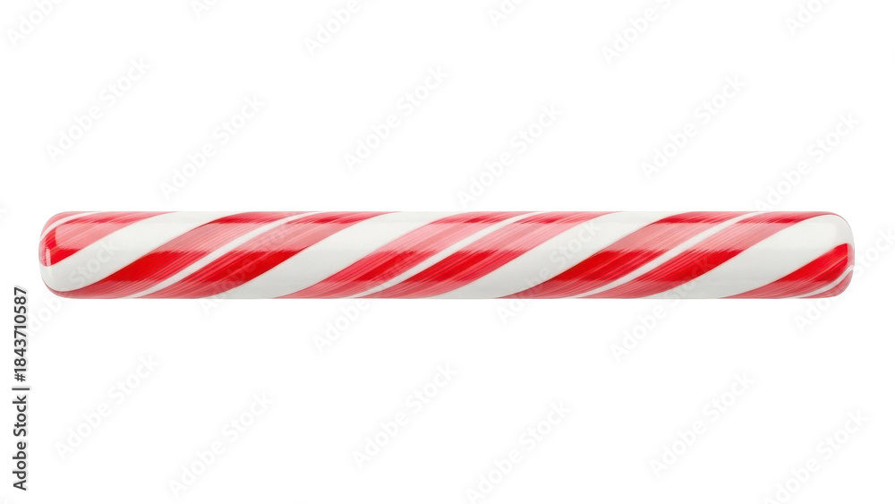 Obraz premium A single, glossy red and white striped candy cane lies horizontally against a stark black background, perfect for holiday and sweet treat designs.