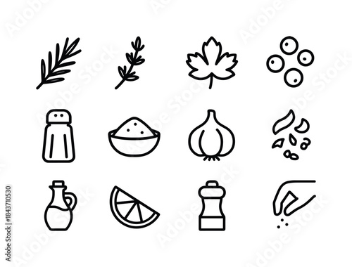 Seasoning Icon Set. A close-up of a perfectly cooked steak with