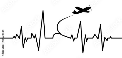 Heartbeat line with a vintage airplane silhouette taking off, symbolizing the love for aviation.