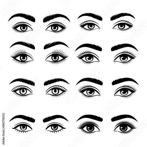 A collection of female eye illustrations showing different eyebrow shapes and cosmetic styles
