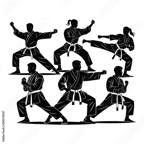 Dynamic silhouettes of six individuals performing various karate poses and stances