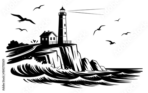 A striking black and white illustration of a lighthouse on a rugged cliff with waves crashing below