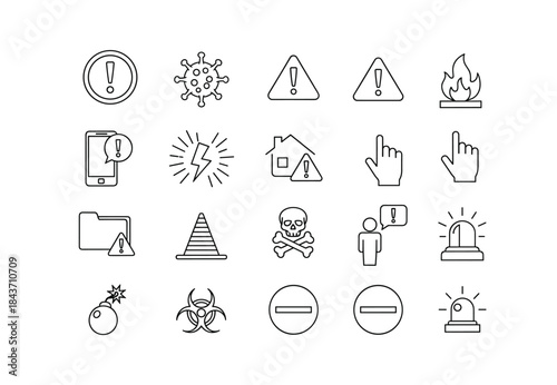 Warning hazard alert icons set with exclamation danger symbols, safety emergency siren, biohazard, fire, poison, virus, bomb vector illustration