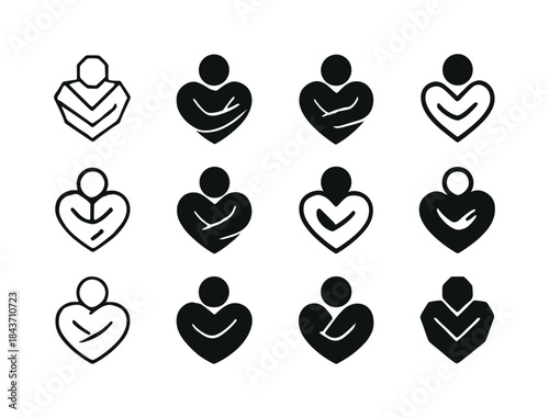 Self-Love Icon Set. A person hugging themselves, practicing self