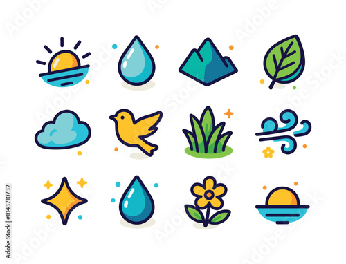 Morning Nature Icons. Nature Morning. Colorful isometric vector