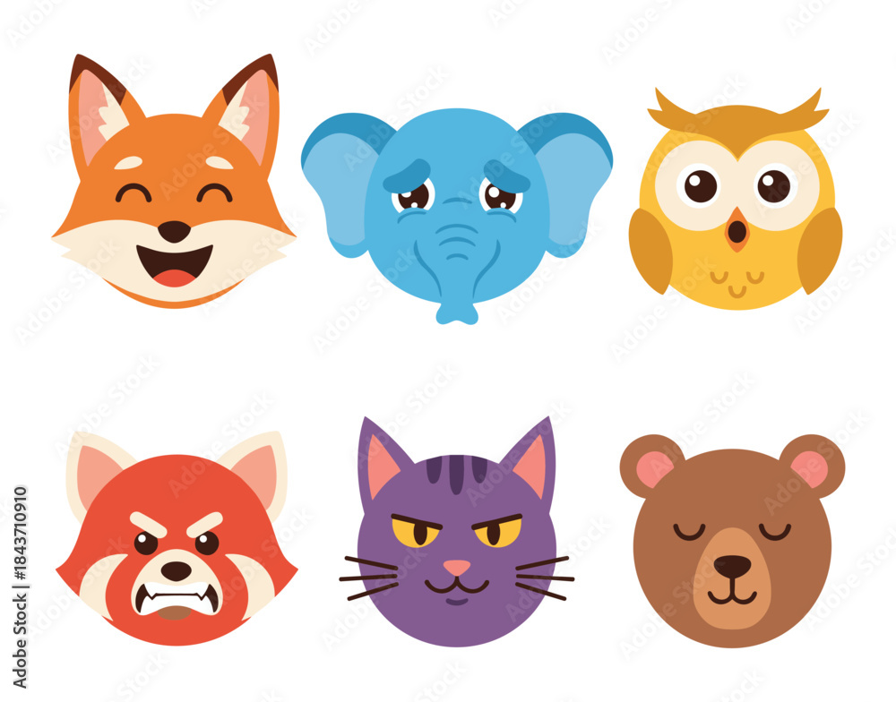 Fototapeta premium Animal faces showing various emotions cartoon set