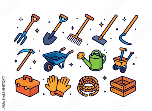 Colorful Farm Tools Icons. Farm Tools. Colorful isometric vector