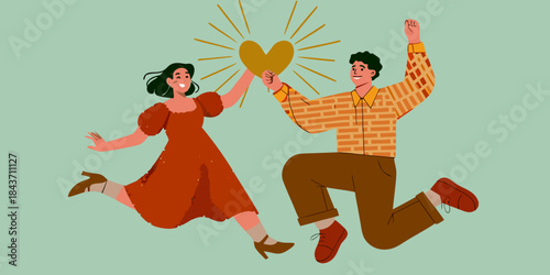 Joyful couple leaping and reaching for a golden heart in the air