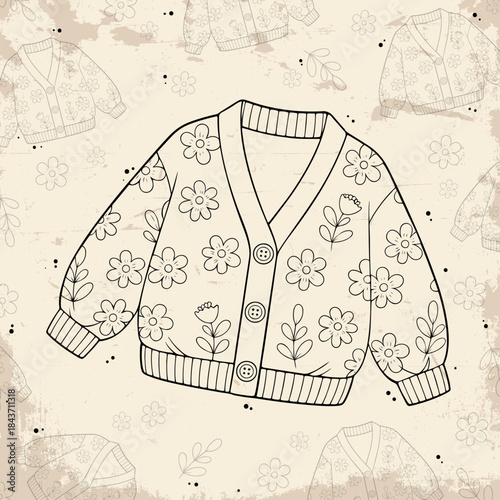 Hand Drawn vintage Floral Cardigan Line Art Illustration, Cozy Winter Sweater Outline with Buttons, Cute Knitted Jacket Sketch on Patterned Background