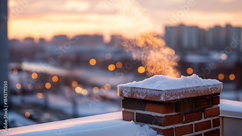 Snow-covered rooftop with brick chimney emitting warm smoke against urban city backdrop, winter residential scene, defocused skyline, with copy space