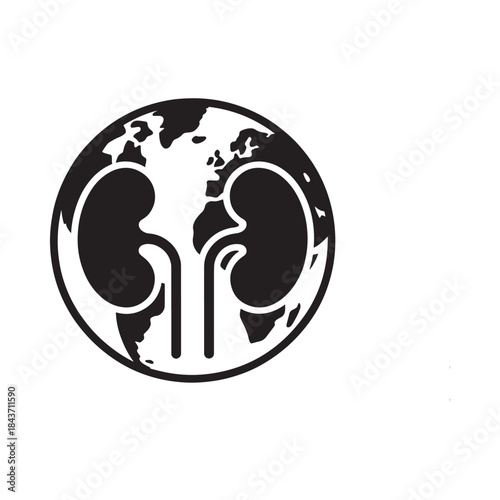 A black and white illustration showing a globe with kidneys inside