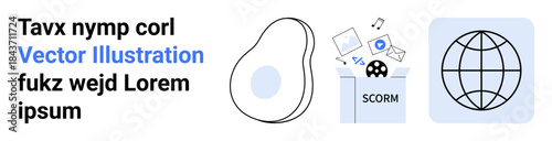 E-learning, online education, global learning tools, content management, digital knowledge sharing, remote training. SCORM files and a globe icon with an avocado graphic. E-learning and online